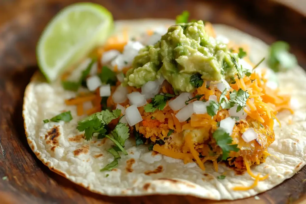 Taco with fresh toppings on a rustic wooden plate.