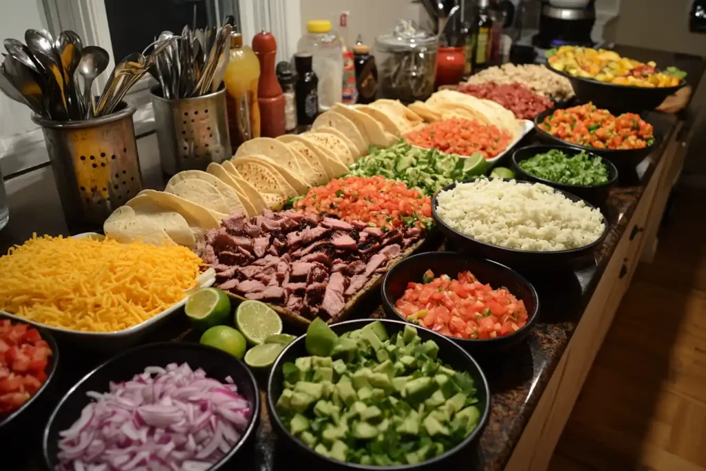 Colorful taco bar setup with fresh toppings and grilled meat.