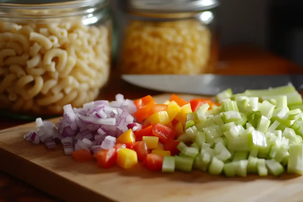 Chopped Vegetables for Macaroni Salad Preparation