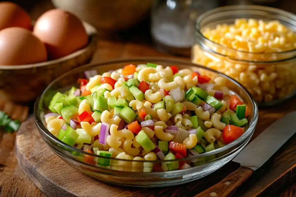 Chopped Vegetables for Macaroni Salad Preparation