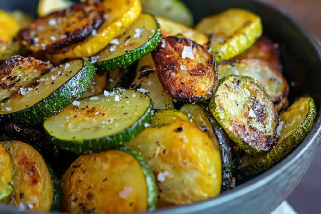 A close-up image of a bowl of roasted zucchini and yellow squash slices.