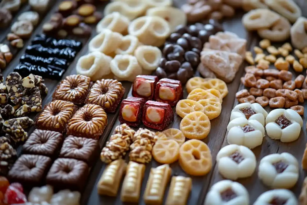 Close-up of unique candy snacks from different countries
