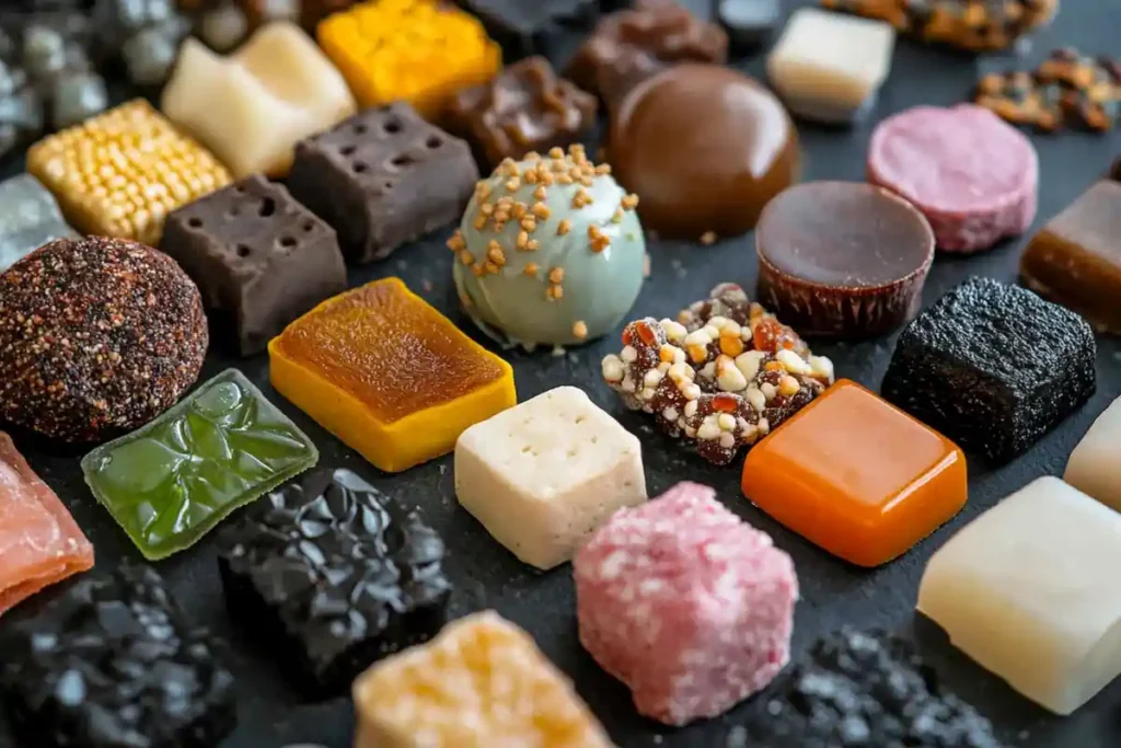 Close-up of unique candy snacks from different countries