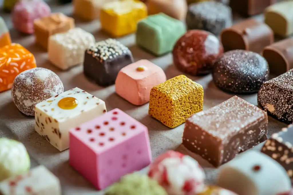 Close-up of unique candy snacks from different countries