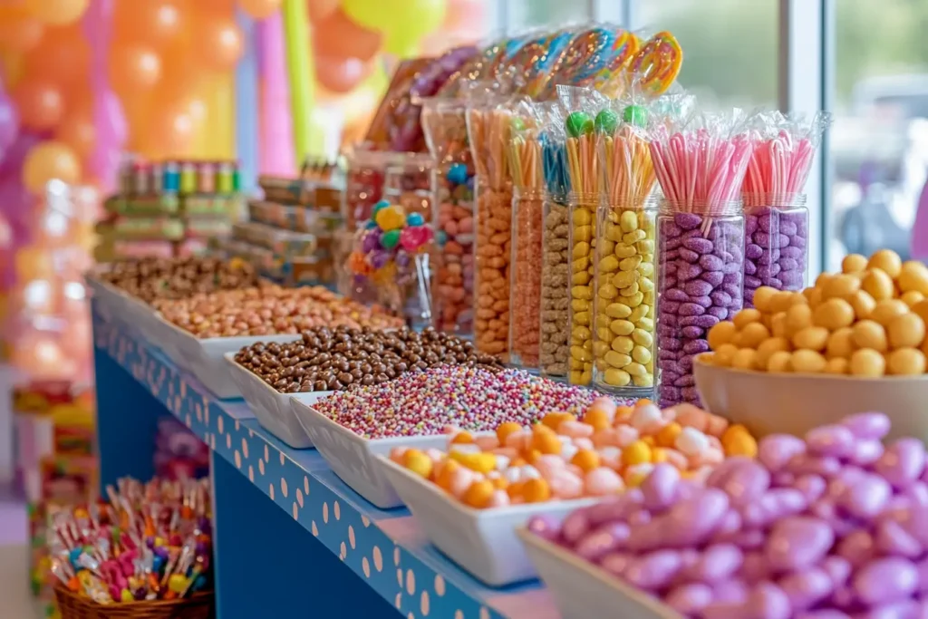 Assorted candy snacks including gummies and chocolate bars
