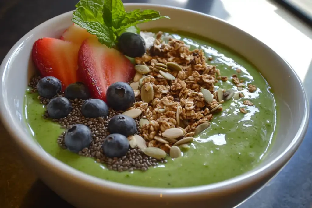 A green smoothie bowl topped with strawberries, blueberries, chia seeds, granola, and mint.