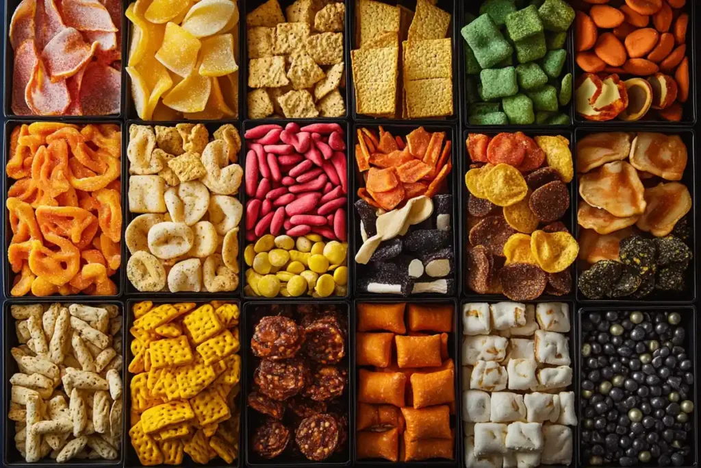 Colorful 150 piece international snack box filled with global treats